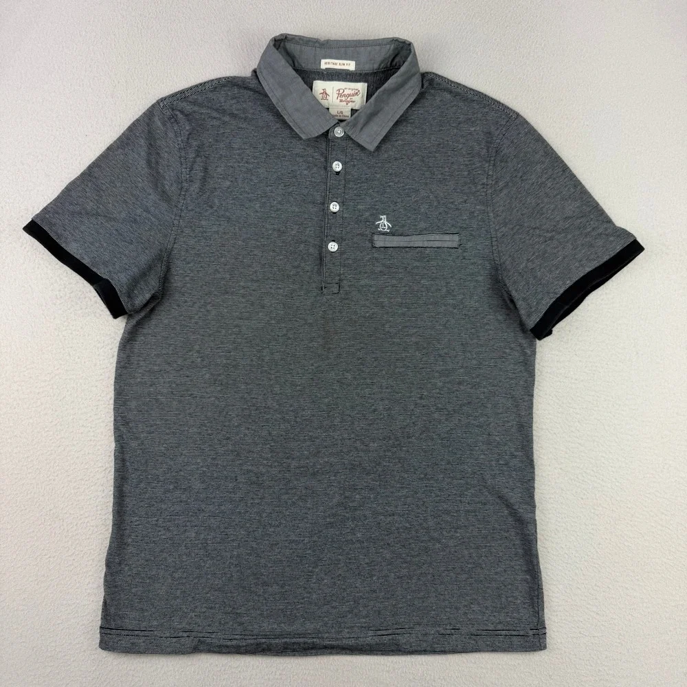 Original Penguin Polo Shirt Mens L Gray Striped Heritage Slim‎ Fit Short Sleeve